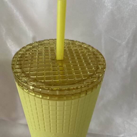 Starbucks Yellow Grid Textured Tumbler With Lid & Straw 24 Oz Cold Cup Summer Ed - Picture 2 of 5